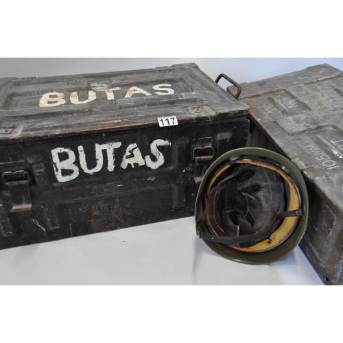 117 - Two ammunition boxes one with Butas hand painted to the top and the other with general markings, tog... 