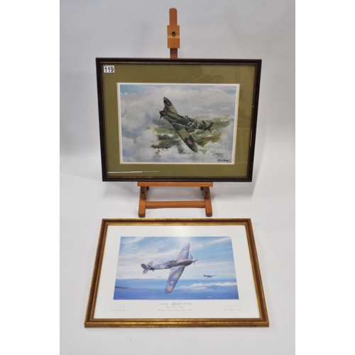 119 - A print of a Spitfire in flight by artist Harold Johnson signed by pilot Johnnie Johnson together wi... 