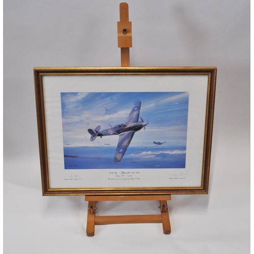 119 - A print of a Spitfire in flight by artist Harold Johnson signed by pilot Johnnie Johnson together wi... 