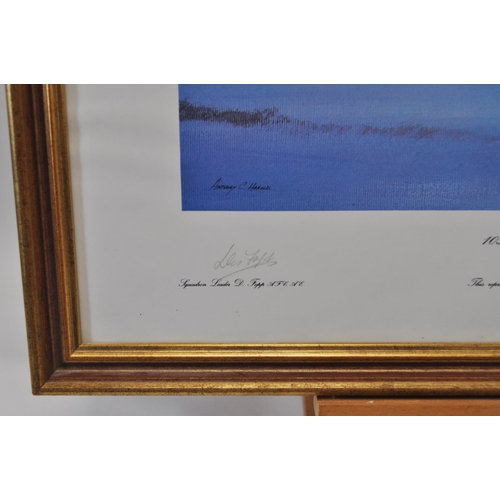 119 - A print of a Spitfire in flight by artist Harold Johnson signed by pilot Johnnie Johnson together wi... 