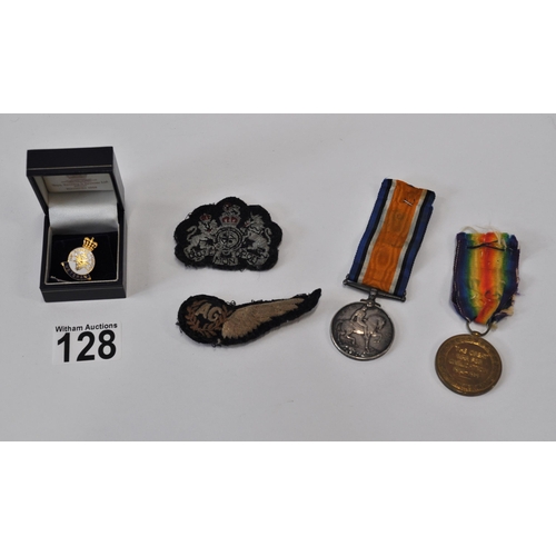 128 - A pair of WWI medals attributed to 198019 GNR.C.BROWN. R.A. together with x2 military cloth badges a... 