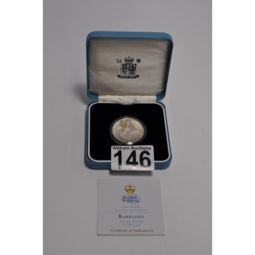 146 - Royal Mint commemorative Golden Wedding anniversary silver proof one dollar coin,  1997 Barbados lim... 