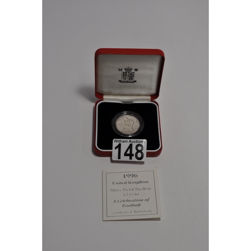 148 - Royal Mint 1996 Celebration of Football piedfort £2 silver proof coin, boxed with certificate