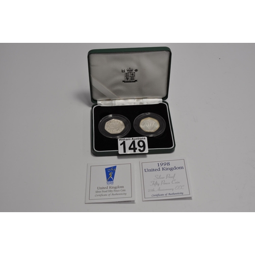 149 - 1998 silver proof fifty pence twin coin set, 25th anniversary EEC and NHS, issue limit 25,000