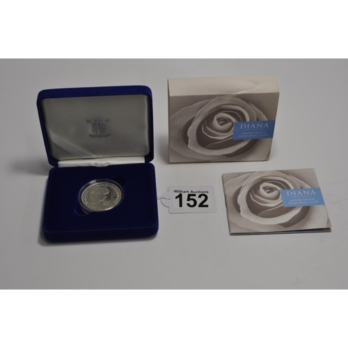 152 - Diana Princess of Wales silver proof five pound memorial crown with box, Royal Mint certificate of a... 