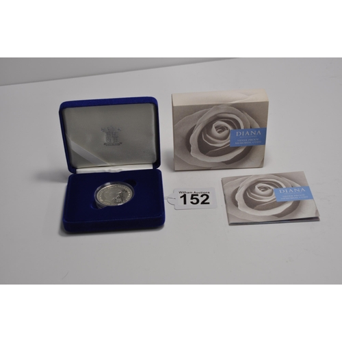 152 - Diana Princess of Wales silver proof five pound memorial crown with box, Royal Mint certificate of a... 