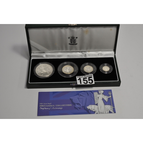 155 - Royal Mint 2001 silver proof Britannia collection consisting £2, £1, 50 pence, 20 pence coins. Boxed... 