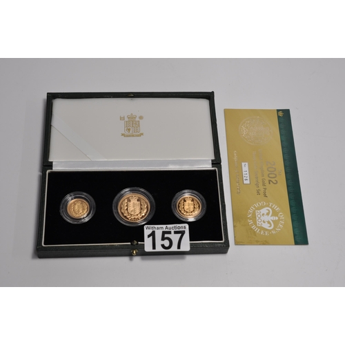 157 - 2002 Queen Elizabeth II gold proof three coin sovereign set gold shield reverse, consisting; half, f... 