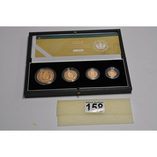 158 - Royal Mint 2002 UK Gold proof four coin Sovereign collection. Certificate No. 1994/3000, Rare shield... 