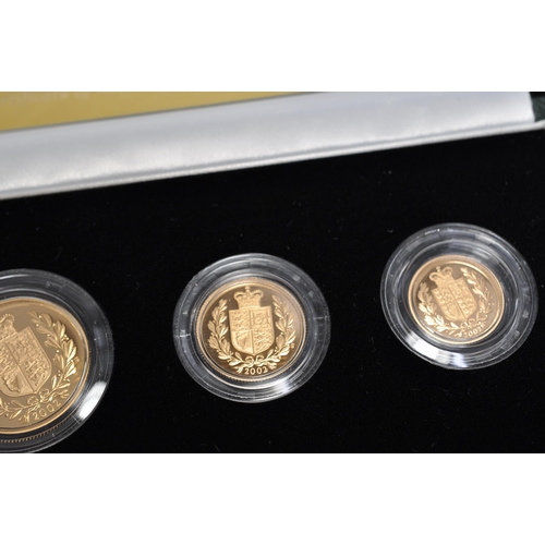 158 - Royal Mint 2002 UK Gold proof four coin Sovereign collection. Certificate No. 1994/3000, Rare shield... 