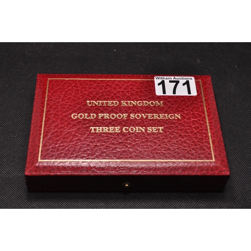 171 - Royal Mint 1999 gold proof three coin sovereign collection set, The last sovereigns of the Twentieth... 