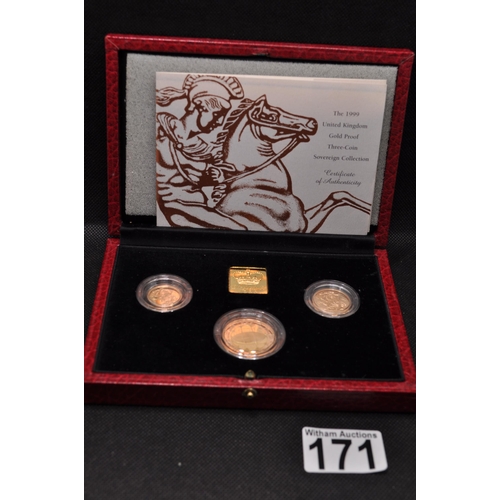 171 - Royal Mint 1999 gold proof three coin sovereign collection set, The last sovereigns of the Twentieth... 