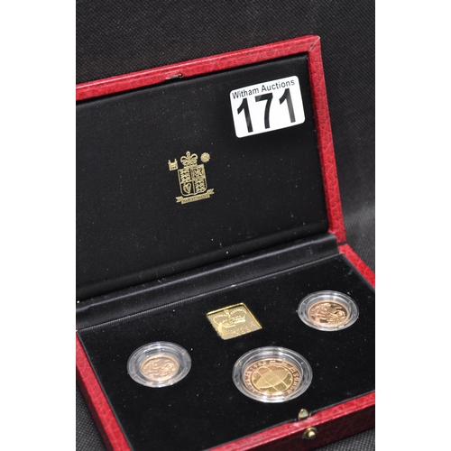 171 - Royal Mint 1999 gold proof three coin sovereign collection set, The last sovereigns of the Twentieth... 