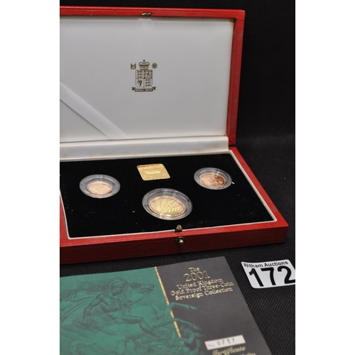 172 - Royal Mint 2001 UK Gold proof three coin sovereign collection, with certificate no 0737