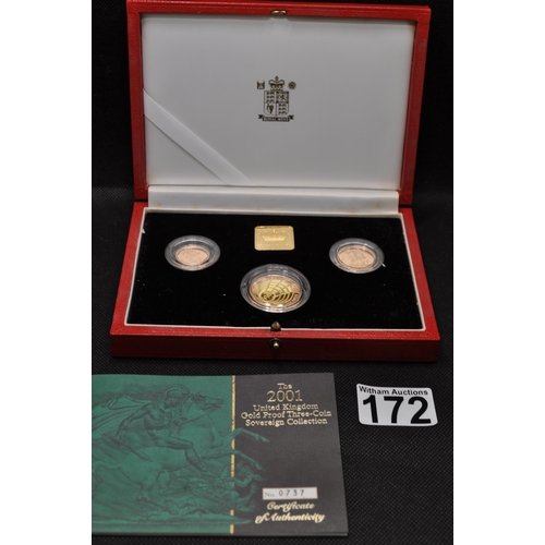 172 - Royal Mint 2001 UK Gold proof three coin sovereign collection, with certificate no 0737