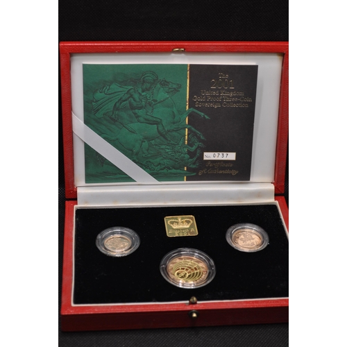 172 - Royal Mint 2001 UK Gold proof three coin sovereign collection, with certificate no 0737