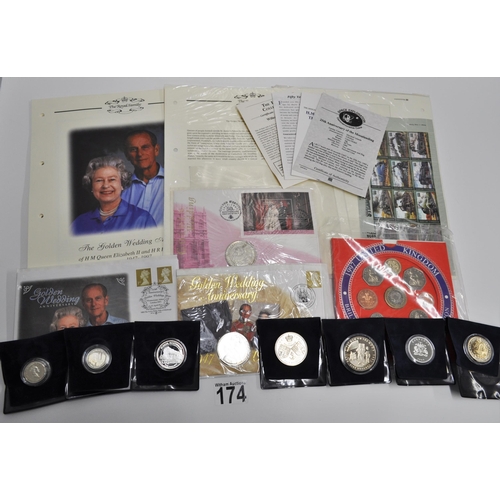 174 - A group of mixed commemorative coins and stamps to include, first day covers, Guernsey silver proof ... 