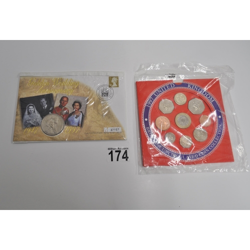 174 - A group of mixed commemorative coins and stamps to include, first day covers, Guernsey silver proof ... 