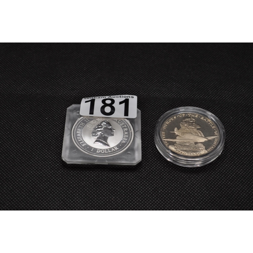 181 - Silver 1 Dollar Coin The Australian Kookaburra 1 oz.999 silver coin in capsule, together with Silver... 