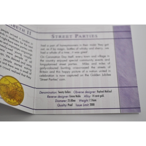 189 - Royal Mint 2002 Queen Elizabeth II Golden Jubilee Street Parties 14 carat Gold Proof Cook Islands Tw... 