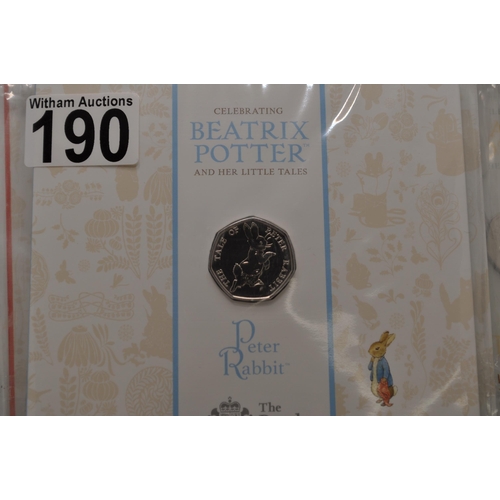 190 - Royal Mint 2017 & 2018 Celebrating Beatrix Potter and Her Little Tales 50 pence piece coins in prese... 