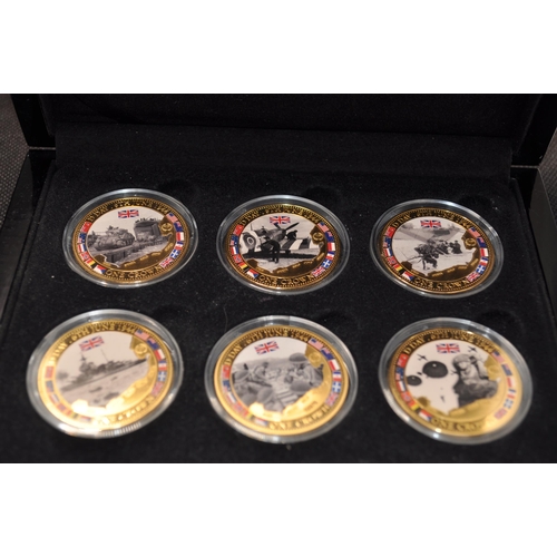 195 - Group of military themed coins and medallions to include D-Day 70th anniversary commemorative Crown ... 