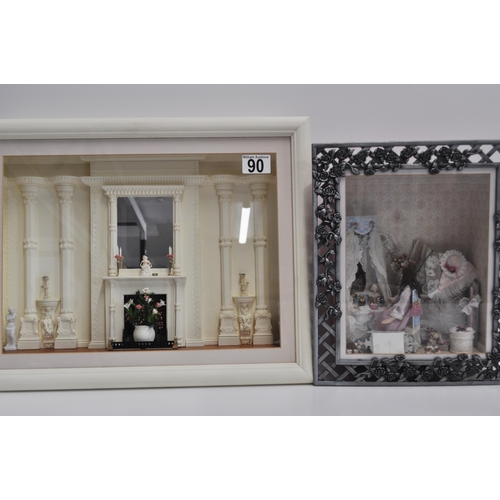 90 - Miniature diorama, dolls house scene depicting a dressing room and neoclassical room, x2 items  (see... 