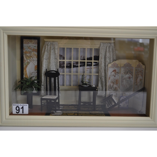 91 - Glass framed miniature dolls house scenes depicting living room and  sitting room  (see also Lots 24... 