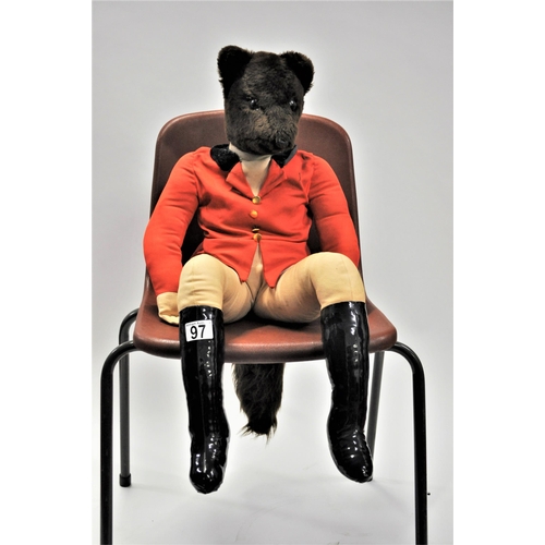 97 - Vintage plush fox dressed in hunting attire with paper filling body, approx. overall length 65cm