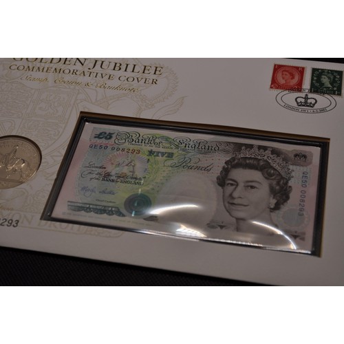 188 - Golden Jubilee Commemorative Cover - stamp crown and bank note set, QE50 008293