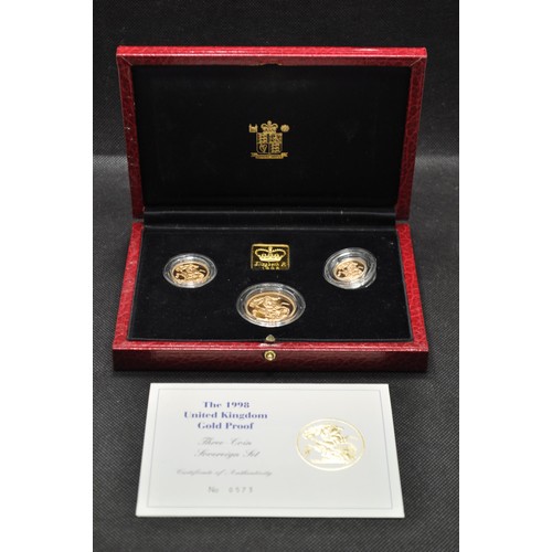 187 - Royal Mint 1998 UK 22ct Gold Proof Three Coin sovereign set, consisting Half sovereign, full soverei... 