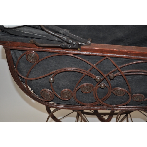 94 - Victorian style pram with hood and ceramic style handles