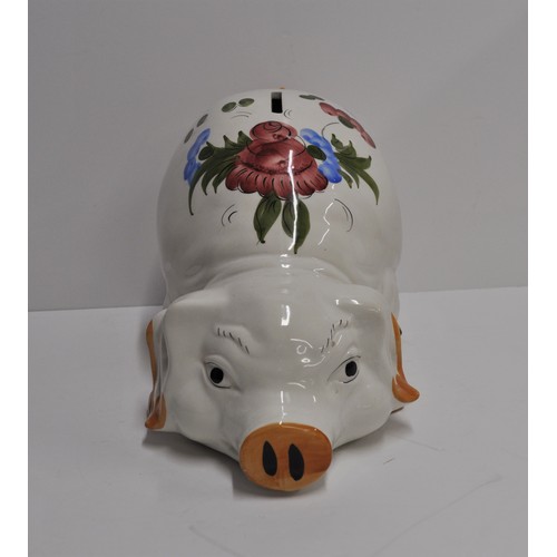 7 - Large ceramic piggy bank with hand painted detailing, complete with stopper.