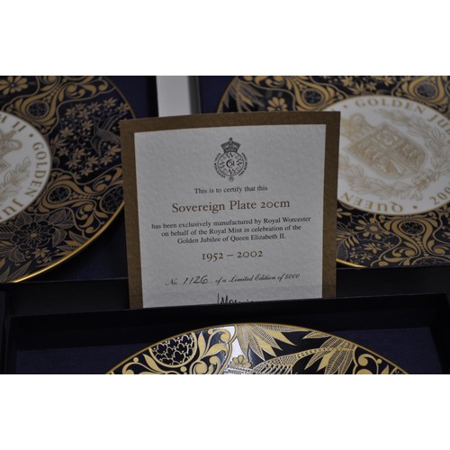 10 - Royal Worcester Golden Jubilee limited edition sovereign plates (20cm) x3 nos. 1123, 1127 1126 / 500... 