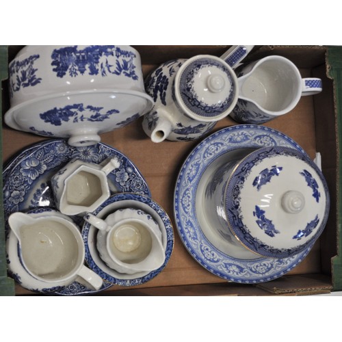 27 - A large quantity of mixed blue and white china to include teapots, terrines, plates, milk jugs, teac... 