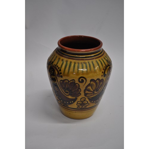 33 - Glazed vase with handpainted cockerel and flower designs, together with a terracotta umbrella stand