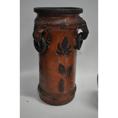 33 - Glazed vase with handpainted cockerel and flower designs, together with a terracotta umbrella stand