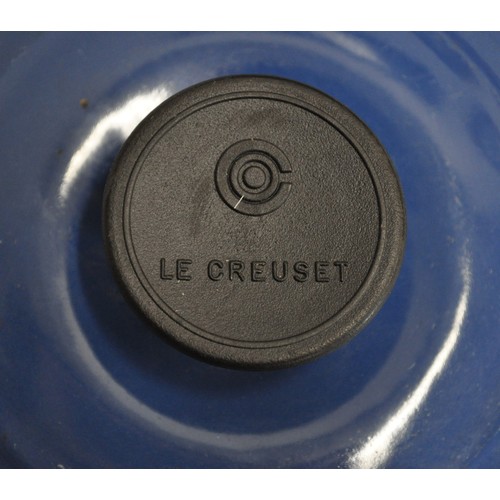 36 - Le Creuset Marseille Blue items including frying pan, petite casserole dish, and three graduated sau... 