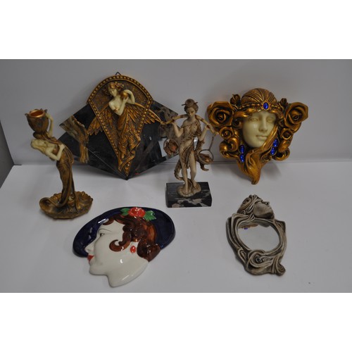 70 - Group of Art Deco/ Art Nouveau style items consisting of wall mirror, plaques including Moorland Sta... 