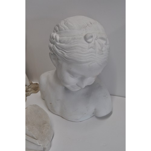 71 - X3 plaster ware figures, consisting bust of a girl, a lady in an elegant seated pose and a Greek foo... 