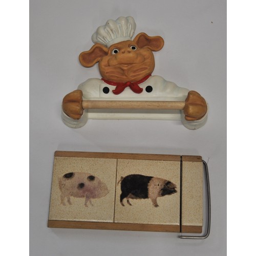 72 - Quirky Peter Mook signed Pig Chef towel holder together with Stow Green cheese wire cutter featuring... 