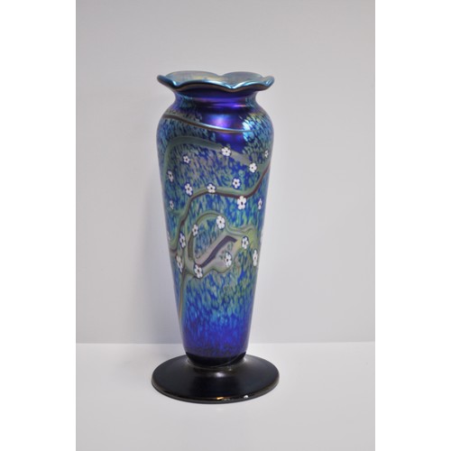 73 - OKRA art irredescent glass vase, with pattern of flowers and foliage, believed to be charlock patter... 