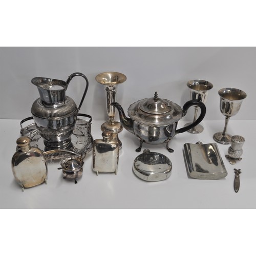 79 - Silver and silverplate items consisting of silver vase, hip flask, mustard pot etc. Sheffield and Bi... 