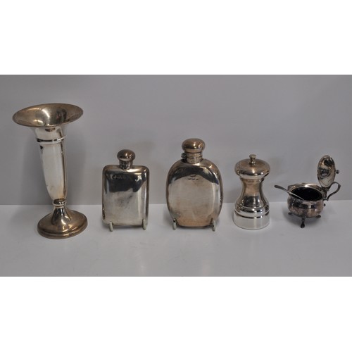 79 - Silver and silverplate items consisting of silver vase, hip flask, mustard pot etc. Sheffield and Bi... 