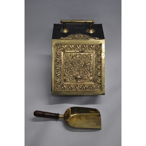 85 - Antique metal coal box with brass mounts and handle together with cast iron kettle on trivet plus a ... 