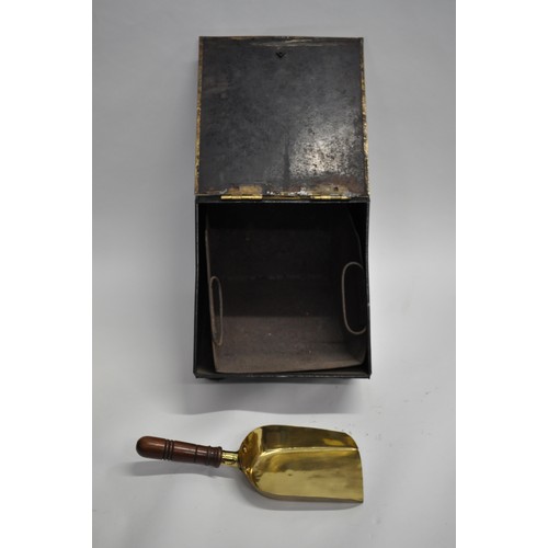 85 - Antique metal coal box with brass mounts and handle together with cast iron kettle on trivet plus a ... 