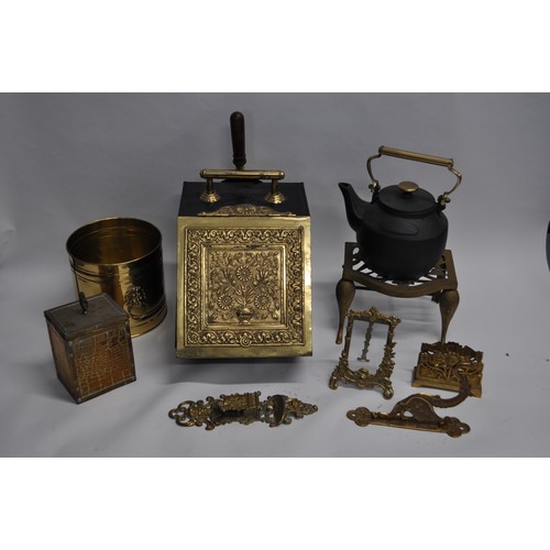 85 - Antique metal coal box with brass mounts and handle together with cast iron kettle on trivet plus a ... 