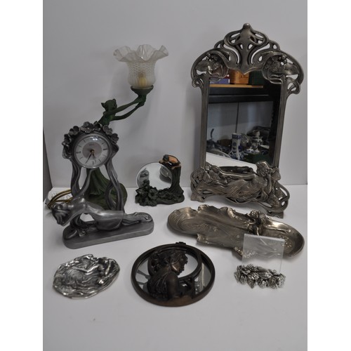 90 - Art Nouveau style/art deco style items, including trays, mirrors, lamp and a clock. untested, (x7 it... 