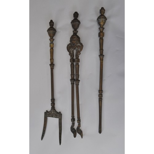 93 - Heavy antique companion set possibly French consisting of poker, tongs, and fork. Showing various de... 