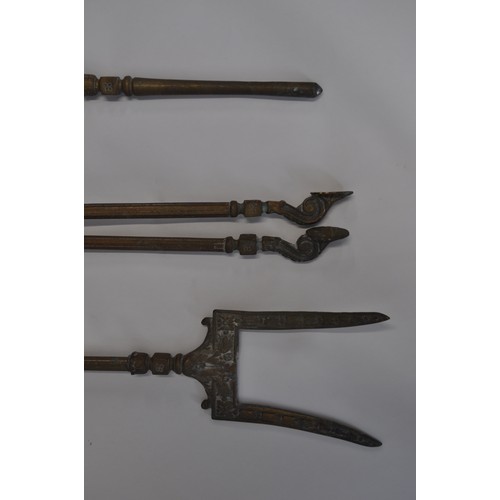 93 - Heavy antique companion set possibly French consisting of poker, tongs, and fork. Showing various de... 